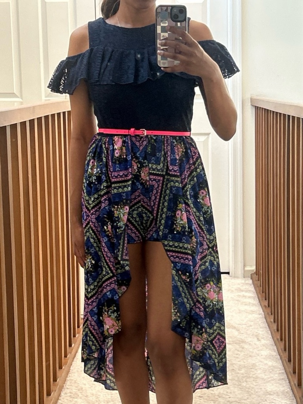 Speechless Navy Pink Midi Dress with Patterned Skirt and Shorts